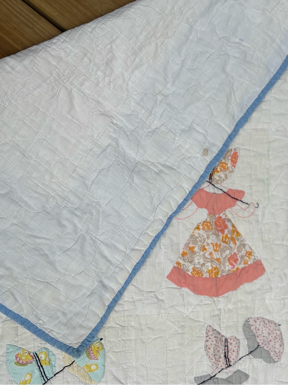 Handmade Sunbonnet Sue Appliqué Quilt Throw 49x61 Blue Patchwork Vintage - Picture 6 of 7